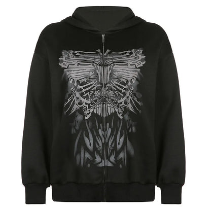 Dark Personality Printed Hoodie Female American New Black Hooded Zipper Coat Loose Top