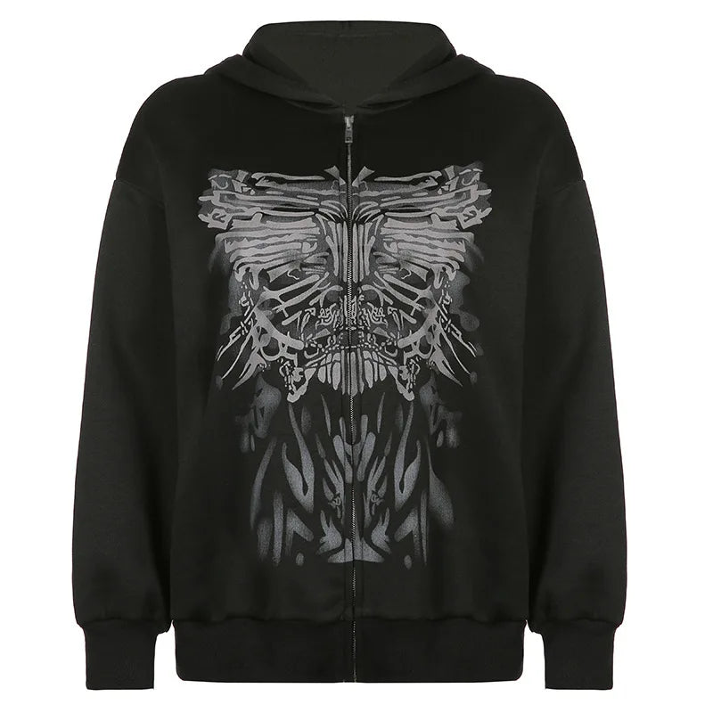 Dark Personality Printed Hoodie Female American New Black Hooded Zipper Coat Loose Top