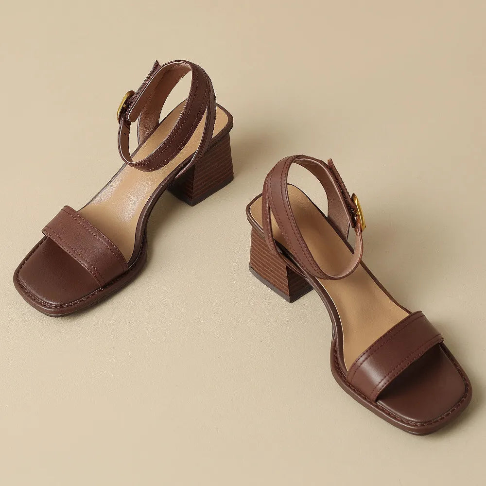 Genuine Leather Sandals Narrow Band Ankle Strap 6cm Thick Med Heel Open Toe Summer Pumps Heels Shoes for 42