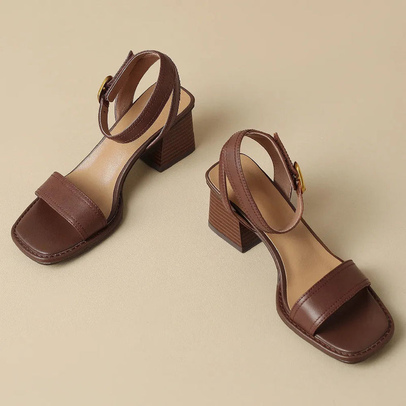 Genuine Leather Sandals Narrow Band Ankle Strap 6cm Thick Med Heel Open Toe Summer Pumps Heels Shoes for 42