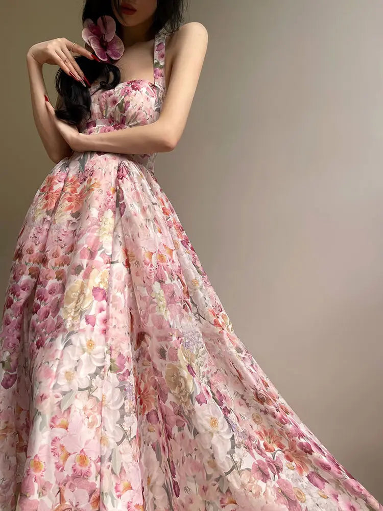 Suspender Dress French Exquisite Print Summer Vacation Seaside Swing Long New Long Dress