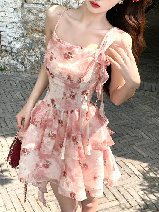 Summer French Dress Sweet Retro Slim Mini Dress Korean Y2k 2000s Strap Dress