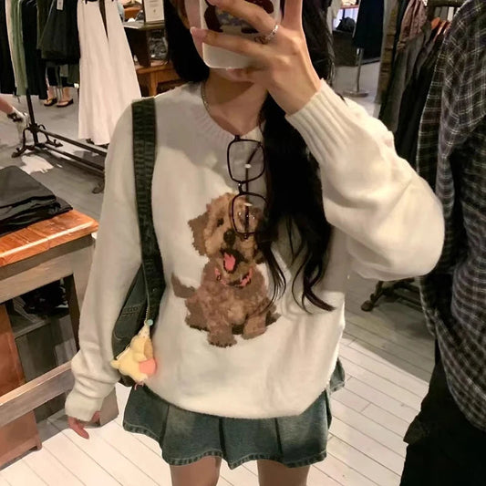 Kawaii Cartoon Dog Sweater Y2k Harajuku Print Knitted Pullovers Korean Long Sleeve Knitwear Winter Jumpers