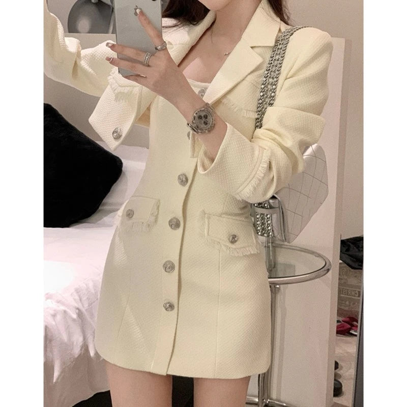 Autumn New Tweed Two-piece Set Long Sleeve Short Jacket Strapless Bodycon Mini Dress Korean Outfits