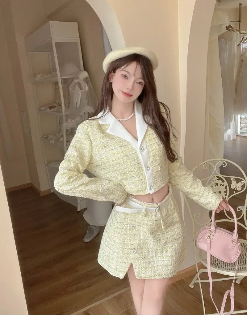 Sweet Hot Girl Suit Autumn Longsleeved Tweed Short Coat High Waist Aline Skirt Twopiece Set Female Clothes