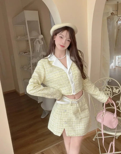 Sweet Hot Girl Suit Autumn Longsleeved Tweed Short Coat High Waist Aline Skirt Twopiece Set Female Clothes