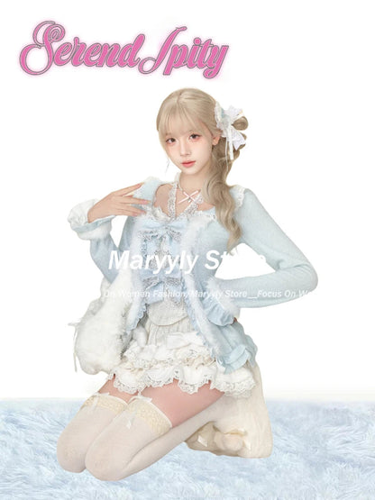 Winter Sweet New 3 Piece Sets Outfits Long Sleeve Bow Cardigan + Slim Vest + Lace Patchwork Mini Skirt