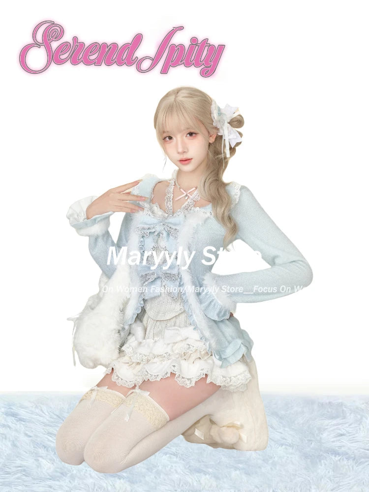 Winter Sweet New 3 Piece Sets Outfits Long Sleeve Bow Cardigan + Slim Vest + Lace Patchwork Mini Skirt