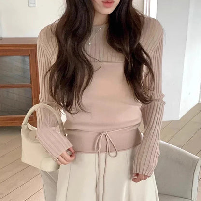 Autumn New High Street Slim Thread Long Sleeve Sweater + Color Laceup Camisole Twopiece Suit