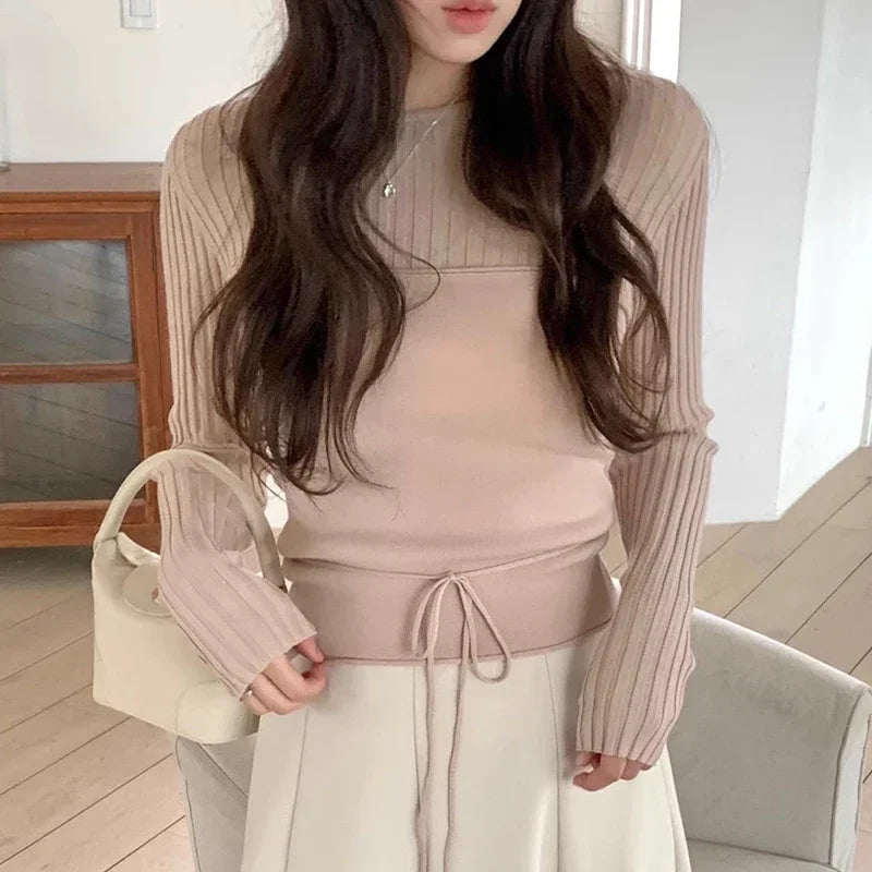 Autumn New High Street Slim Thread Long Sleeve Sweater + Color Laceup Camisole Twopiece Suit