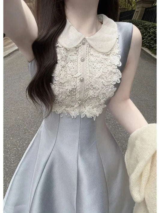 Lace Patchwork Mini Dresses Aline Spring Summer Sweet Dress Korean Sleeveless Vestidos Mujer