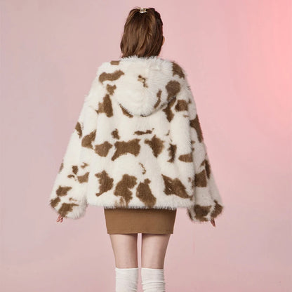 Sweet Harajuku Y2k Oversized Leopard Faux Fur Coat Winter Thicken Fox Fur Jacket Hooded Overcoat Outerwear