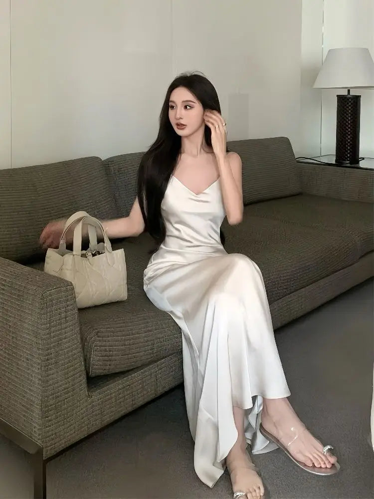 French Style Fish Tail Dress Set Slimming Strap Camisole Long Dress Summer New Slant Shoulder Top Two Piece Set Outfits