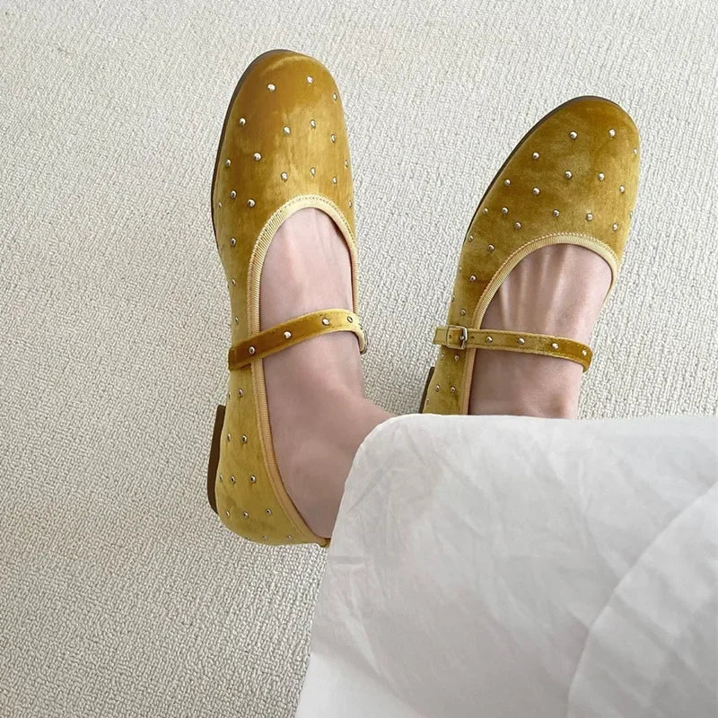 Satin Velvet Rivet Decoration Flat Shoes New Designer Comfort Mary Jane Shoe Ballet Flats Loafers