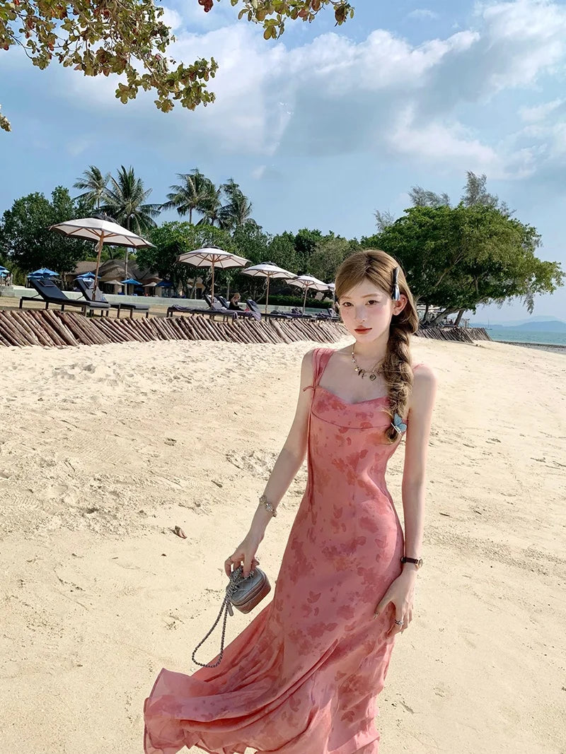 Y2k Spaghetti Strap Dress New Print Midi Dress Female Korean Slim Beach One Pieces Vestidos