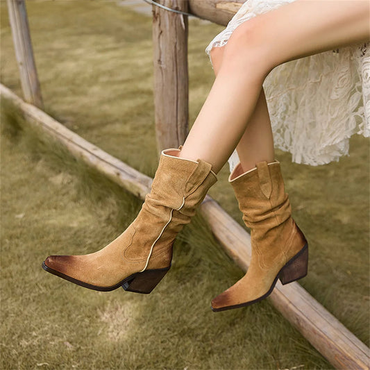 New High Heel Leather Shoes Knight Boot Western Cowboy Boots Pointed Toe Thick Soled Short Boot