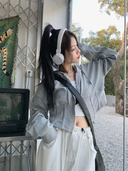 Zip Up Sweatshirts Slim Korean Style Cropped Hoodies Female Sweet Basic Sportswear