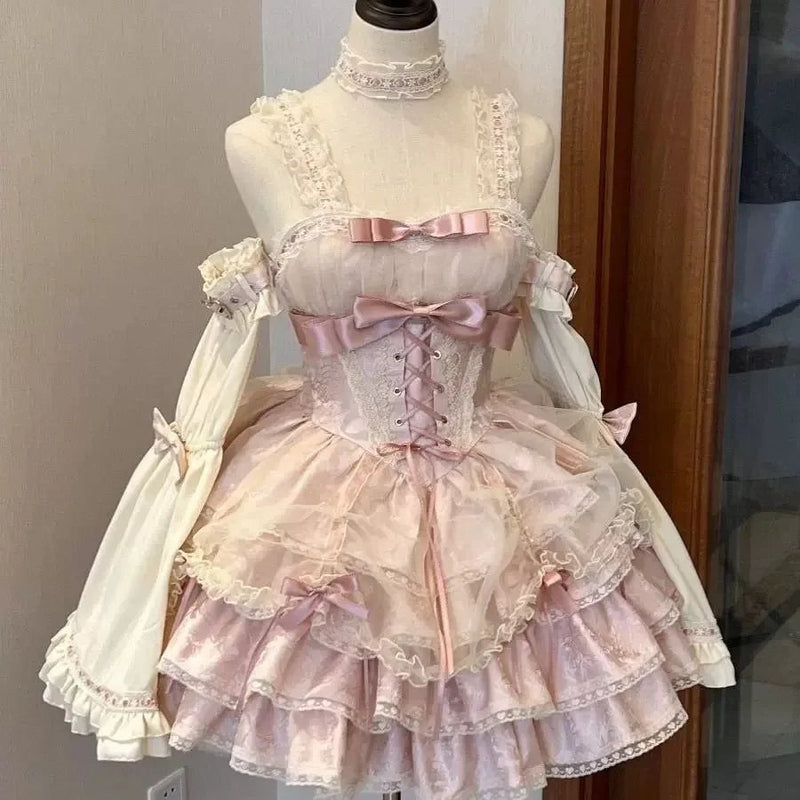 Japanese Sweet Lolita Jsk Dress Gothic Y2k Bow Lace Ruffles Evening Party Mini Dresses Harajuku Kawaii Black Vestidos