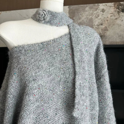 Sweet Hot Girl Slash Neck Halter Sweater Autumn/winter Loose Off Shoulder Sequin Knitted Pullover Female Clothes