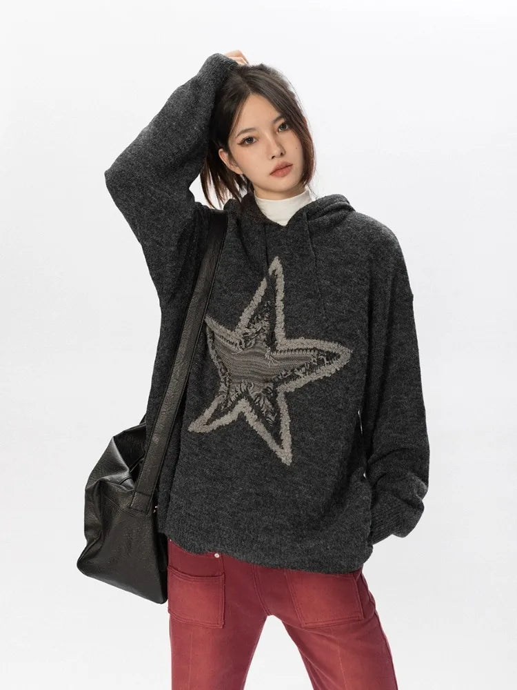 Star Graphic Knitted Hoodie Loose Long Sleeve Sweater Pullover for Autumn Harajuku Tops