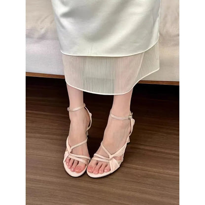 Apricot Thick Satin High Heels New Dress Singleline Buckle Stiletto Sandals French Opentoe Hollow Shoes