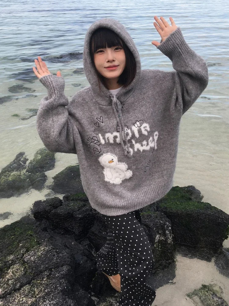 Kawaii Snowman Hooded Sweatshirt Gray Ribbed Hoodies Knitwear Korean Oversize Cutecore Winter Clothes