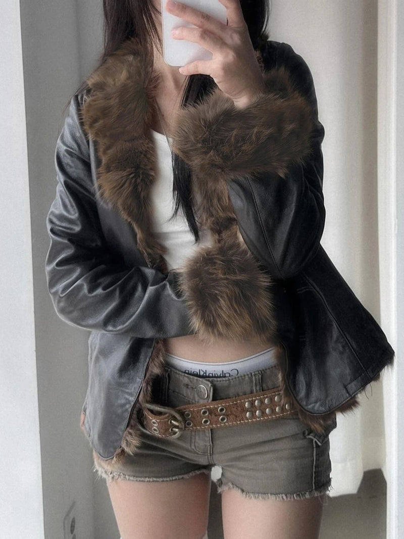 S Autumn New Clothes ��s Leather Coat Long Sleeve Spliced Faux Trim Button Slim Fit Coat