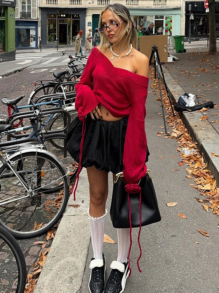 Knitted V-neck Red Sweater 3d Flower Drawstring Long Sleeve Sweaters Female Christmas Street Knitwear