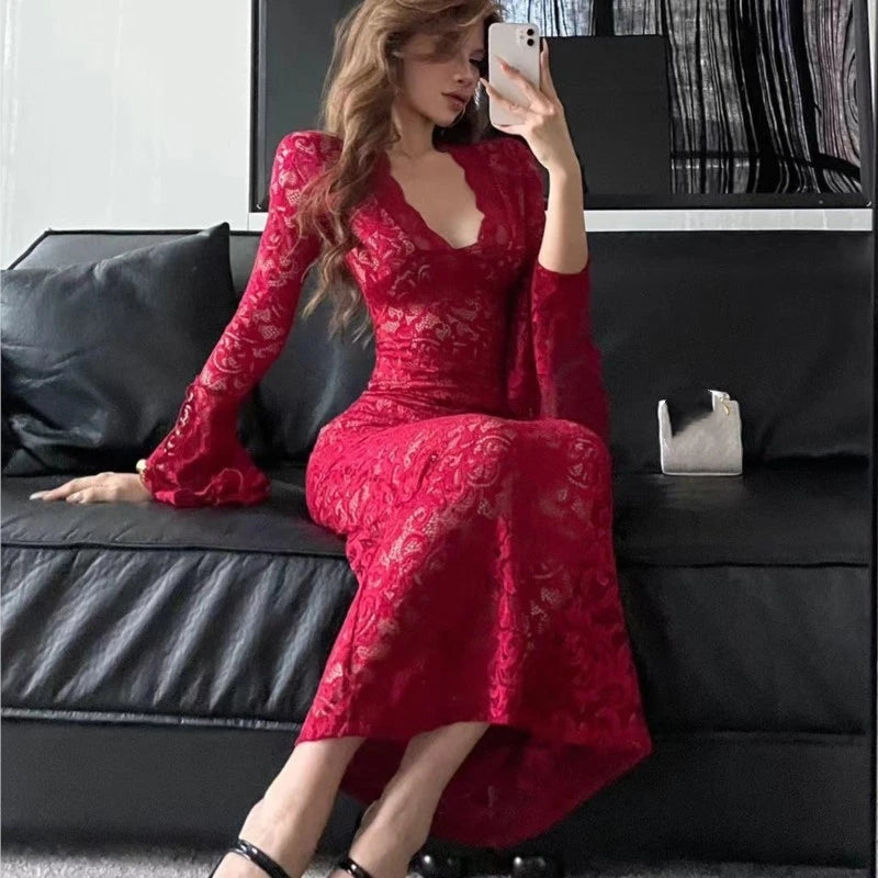 Bodycon Lace Long Dresses for V-neck Flare Sleeves Slim Mermaid Evening Party Dress Club Prom Robe Vestidos