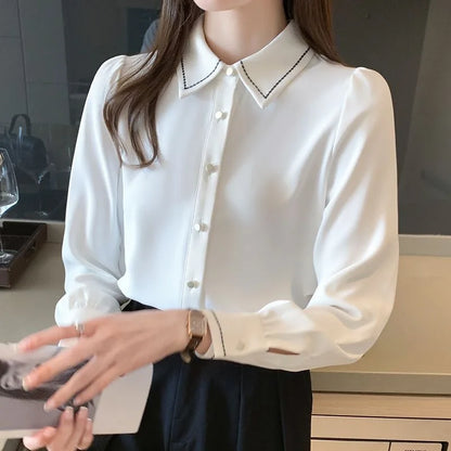 Spring Autumn Style Blouses Shirts Lady Long Sleeve Turn-down Collar Color Blusas Tops Df4959