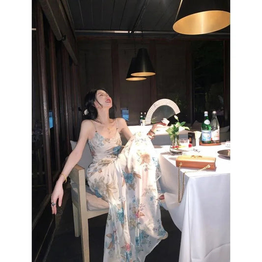 French Style Highend Dress for New Summer Unique Evening Party Dresses Printed Chiffon Suspender Long Dress.