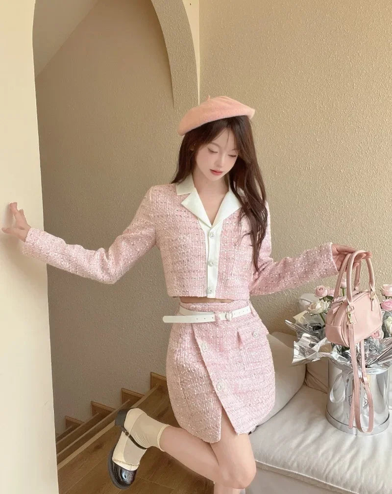 Sweet Hot Girl Suit Autumn Longsleeved Tweed Short Coat High Waist Aline Skirt Twopiece Set Female Clothes