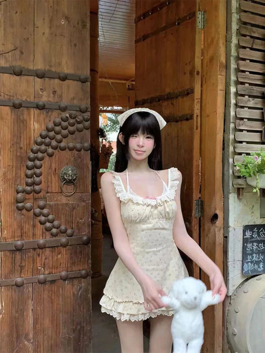 Dress Sweet Sleeveless Lace Patchwork Bow Square Collar Slim Mini Dresses Party Spring Summer