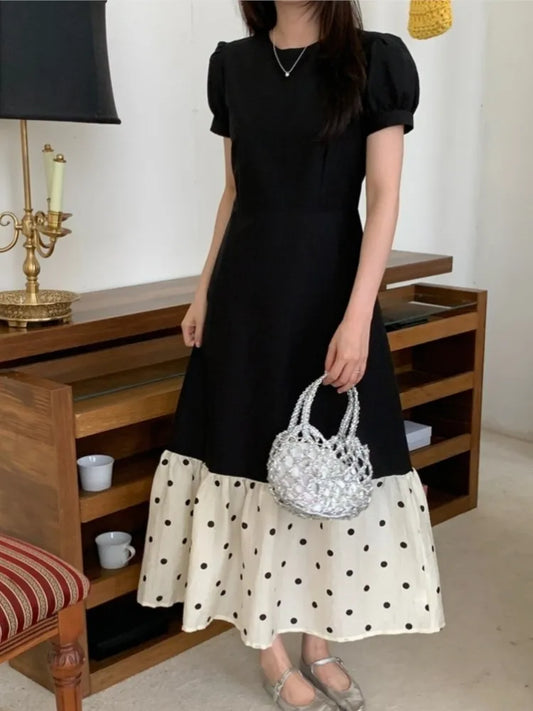 French Black Midi Dresses for Puff Sleeve A-line Patchwork Dot Korean One Piece Vestido Autumn New