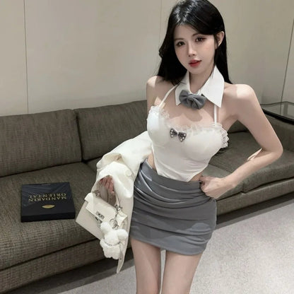 Party Mini Dresses Sleeveless Lace Patchwork Hollow Out Bandage Backless Slim Dress Clubwear