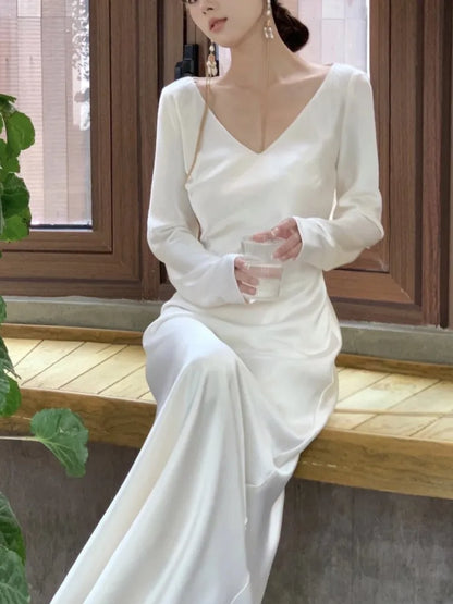 Autumn Satin Long Dresses for Wedding Evening Party Dress Prom Robe V-neck Long Sleeves Mermaid One Piece Vestido