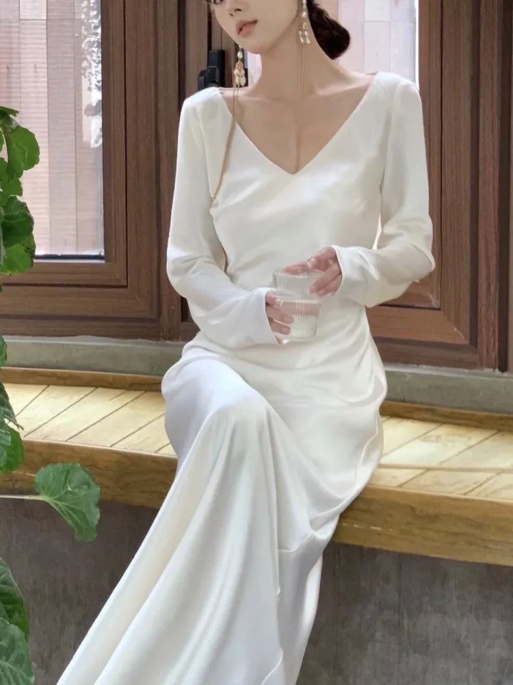 Autumn Satin Long Dresses for Wedding Evening Party Dress Prom Robe V-neck Long Sleeves Mermaid One Piece Vestido