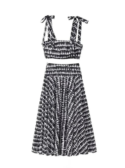 2 Piece Set Printed Bow Lace Up Cropped Camisole Sleeveless Tops High Waist Aline Pleated Skirts