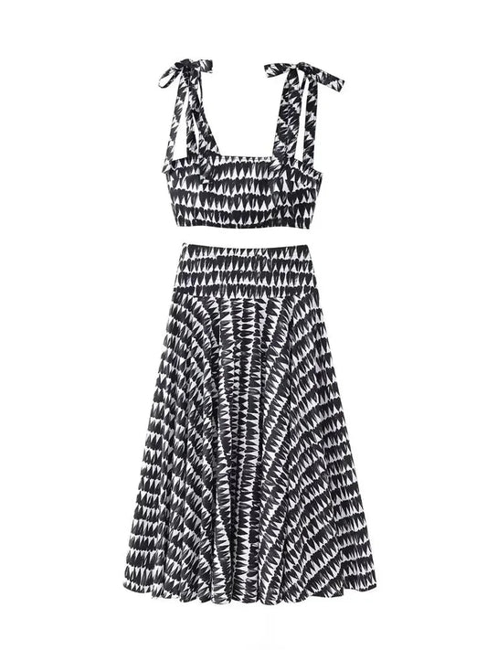 2 Piece Set Printed Bow Lace Up Cropped Camisole Sleeveless Tops High Waist Aline Pleated Skirts