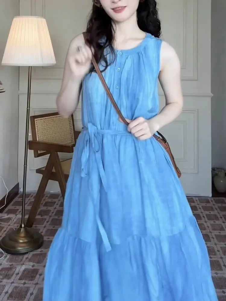 Blue Sleeveless Strap Dress Children Wear New Summer French Style Seaside Vacation Vest Long Dress Loose