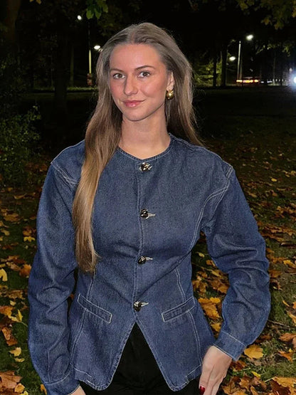 Tavimart - Y2k Denim Jacket for Spring O-neck Single Breasted Coat Female Street Long Sleeve Lady Outerwear