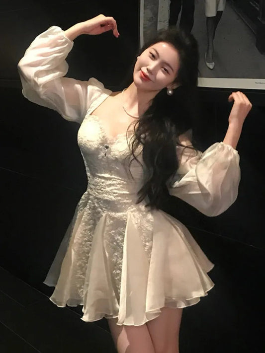 Lace Patchwork Mini Dress for Square Collar Long Sleeves Princess Birthday Evening Dresses Aline Short Vestidos