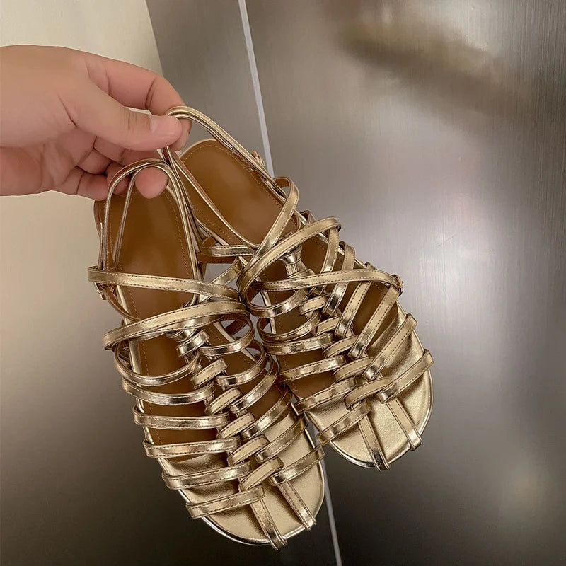 Design Rome Style Sandals Summer Low Heels Narrow Band Party Shoes Woman Genuine Leather Quality