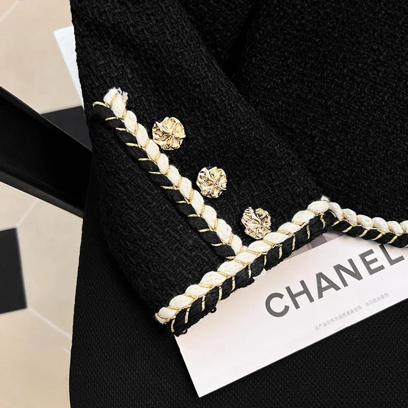 Black Tweed Jacket Cropped Quilted Coat Commute Blazer Winter Korean Thicken Short Outerwear