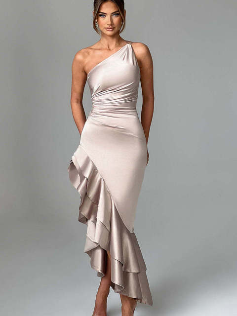 Satin Sleeveless Bodycon Ruffle Irregular Long Dress Backless Party Evening Dress Autumn New Vestido