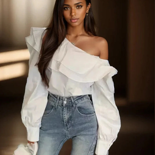 Off-shoulder Ruffled White Blouse