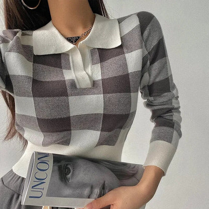 Autumn Winter Knitwear Crop Tops Pullover Sweaters Female Long Sleeve Elastic Plaid Knitted Shirts F4040