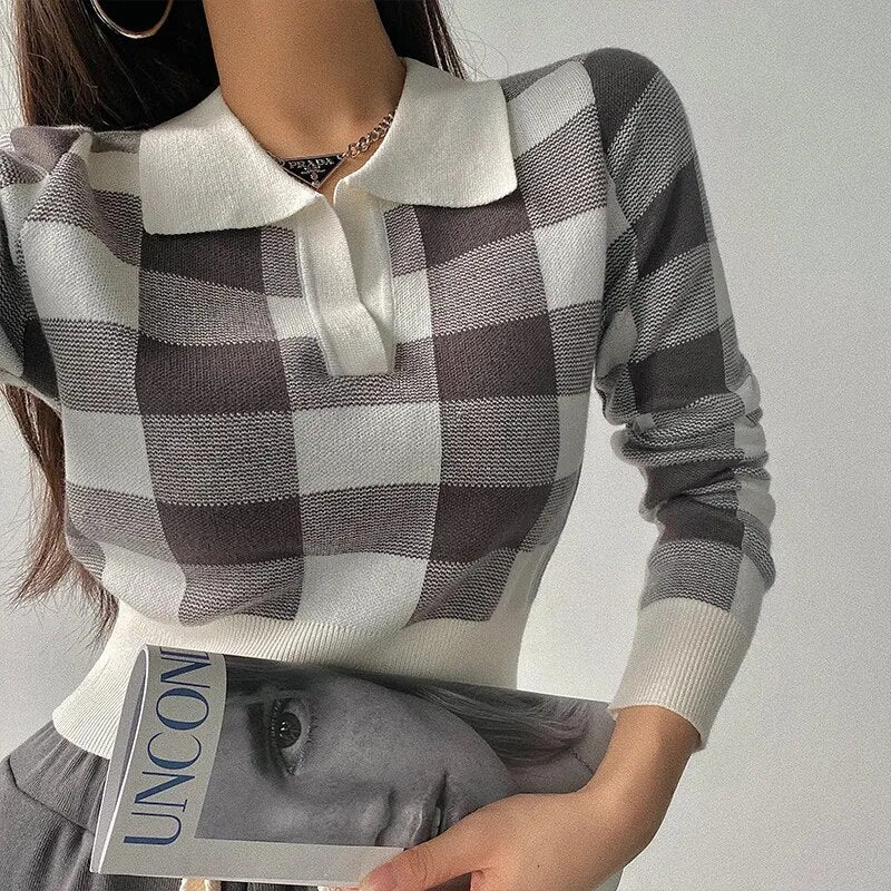 Autumn Winter Knitwear Crop Tops Pullover Sweaters Female Long Sleeve Elastic Plaid Knitted Shirts F4040