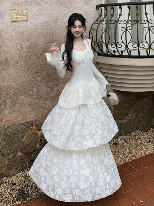 Fairy Dresses Knitted Patchwork Flare Sleeves Princess Cake Long Dress Autumn Party Prom Aline Vestidos Robe New