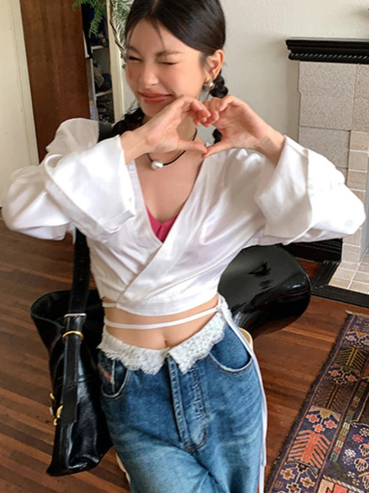 Y2k Stain Acetate Cropped Blouse for Long Sleeve Vneck Shirt With Laceup Korean Tops